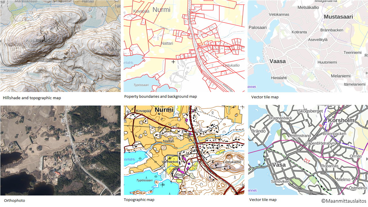 The picture contains examples of the National Land Survey's map products