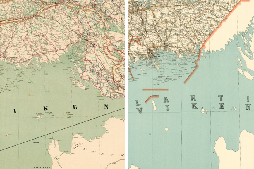 Bilden visar två gamla kartor sida vid sida från åren 1864 och 1951.