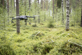 Drone flying inside forest